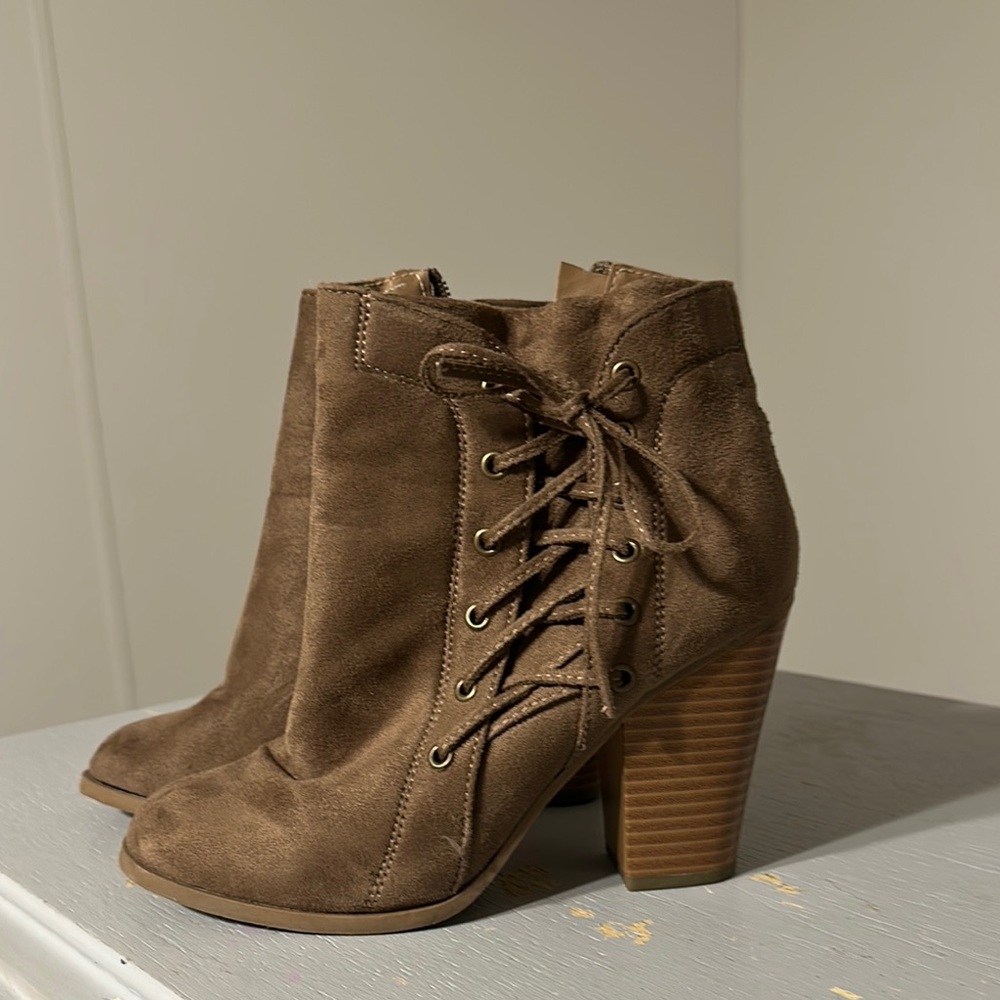 Bonnibel Brown Ankle Booties with Chunky Heel and Lace-Up Detail
